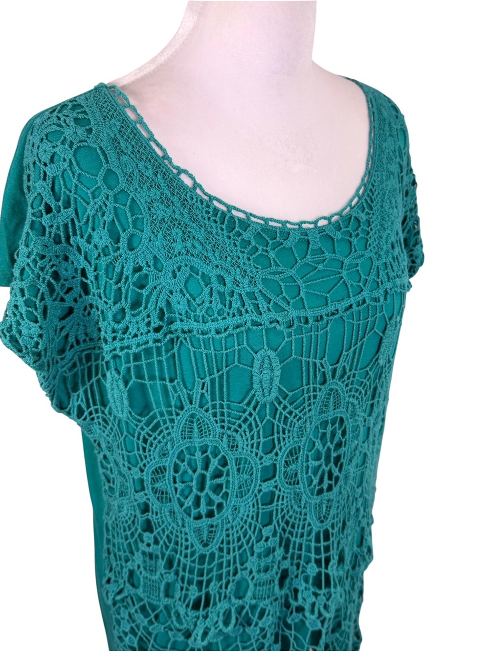 Signature Studio Teal Crochet Lace Fringe Boho Tunic Top M - Picture 8 of 11